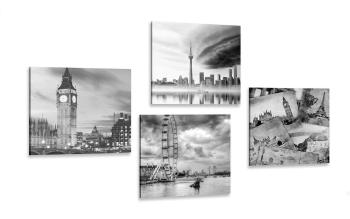Zestaw obrazów tajemnicze miasta w wersji czarno-białej