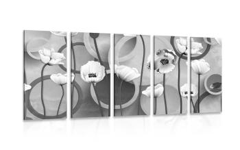 5-częściowy obraz maki na abstrakcyjnym tle w wersji czarno-białej - 100x50