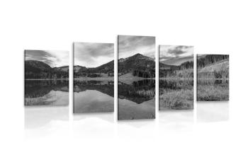 5-częściowy obraz jezioro pod wzgórzami w wersji czarno-białej - 200x100