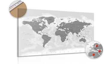 Obraz na korku mapa świata w czarno-białym stylu - 90x60  transparent
