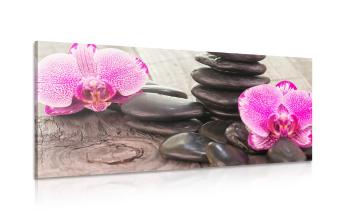 Obraz orchidea i kamienie Zen na drewnianej podstawie - 100x50