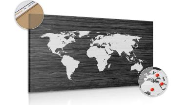 Obraz na korku mapa świata na drewnie w wersji czarno-białej - 90x60  metallic