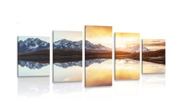 5-częściowy obraz oślepiający zachód słońca nad górskim jeziorem - 100x50