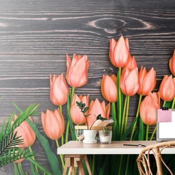Samoprzylepna fototapeta pomarańczowe tulipany na drewnianym tle - 225x150