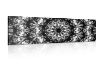 Obraz czarno-biała Mandala z ciekawymi elementami w tle - 135x45