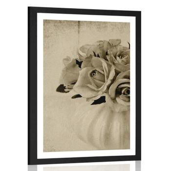 Plakat z passe-partout róże w wazonie w czerni i bieli w sepiowym kolorze - 30x45 silver