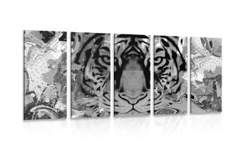 5-częściowy obraz głowa tygrysa w wersji czarno-białej - 200x100