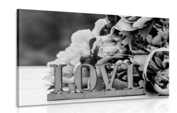 Obraz piwonie z napisem Love w wersji czarno-białej