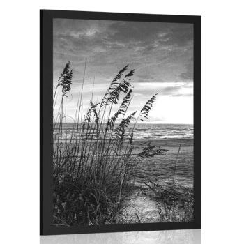Plakat zachód słońca na plaży w czarno-białym kolorze - 30x45 white