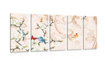 5-częściowy obraz martwa natura w stylu vintage z ptakami i motylami - 100x50