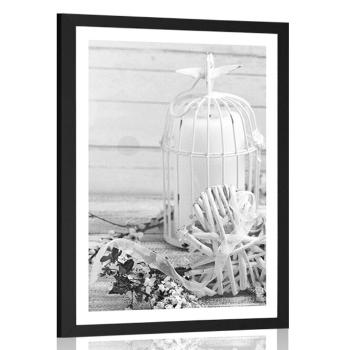 Plakat z passe-partout gałązka wiśni i lampiony w czerni i bieli
