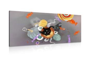 Obraz halloweenowych słodyczy z kotem - 100x50
