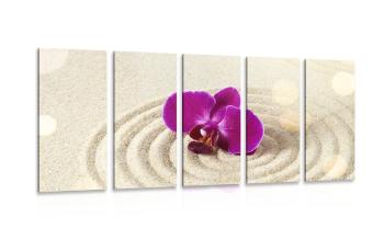 5-częściowy obraz piaskowy ogród Zen z fioletową orchideą