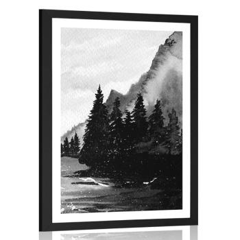 Plakat z passe-partout zimowy krajobraz kreskówkowy w czerni i bieli - 20x30 silver