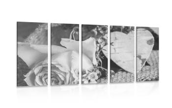 5-częściowy obraz róża i serduszko z juty w wersji czarno-białej - 200x100