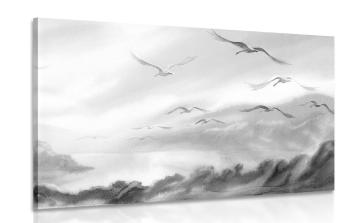Obraz ptaki lecące nad krajobrazem w wersji czarno-białej