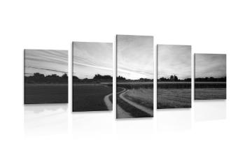 5-częściowy obraz zachodzące słońce nad krajobrazem w wersji czarno-białej - 200x100