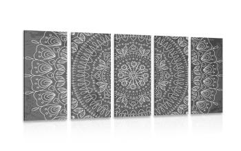 5-częściowy obraz ręcznie rysowana Mandala w wersji czarno-białej - 100x50