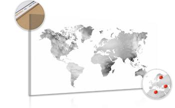 Obraz mapa świata w czarno-białej akwareli na korku - 120x80  metallic