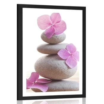 Plakat z passe-partout równowaga kamieni i różowe orientalne kwiaty - 20x30 white