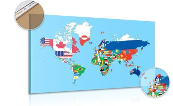 Obraz na korku mapa świata z flagami - 90x60  wooden