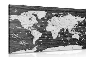 Obraz czarno-biała mapa na drewnianym tle - 120x80