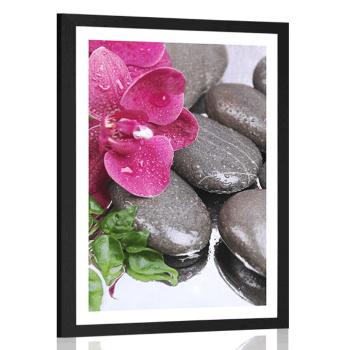 Plakat z passe-partout kwitnąca orchidea i kamienie wellness - 60x90 black