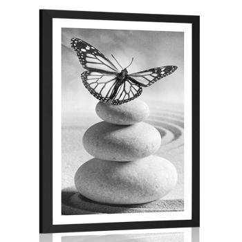 Plakat z passe-partout równowaga kamieni i motyli w czerni i bieli