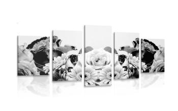 5-częściowy obraz kompozycja kwiatowa z romantycznym akcentem  w czarnobiałym kolorze - 100x50