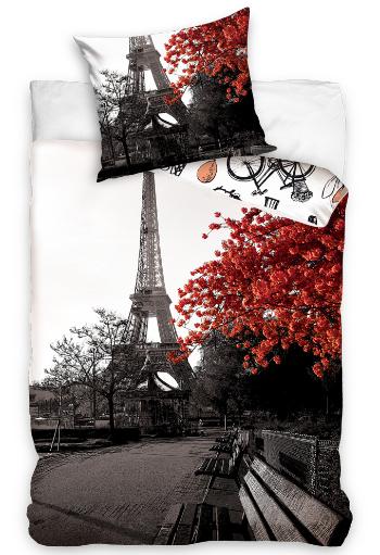 Pościel bawełniana Jesień w Paryżu - szary/biały/czerwony - Rozmiar 140x200+70x90 cm