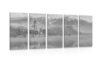 5-częściowy obraz kościół nad jeziorem Bled w Słowenii w wersji czarno-białej