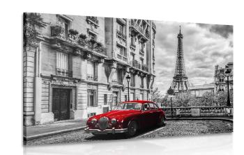 Obraz czerwony samochód retro w Paryżu - 120x80