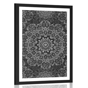 Plakat z passe-partout Mandala z abstrakcyjnym wzorem w czerni i bieli - 40x60 silver