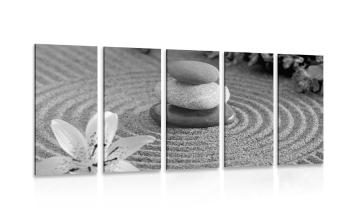 5-częściowy obraz ogród Zen i kamienie w piasku w wersji czarno-białej - 100x50