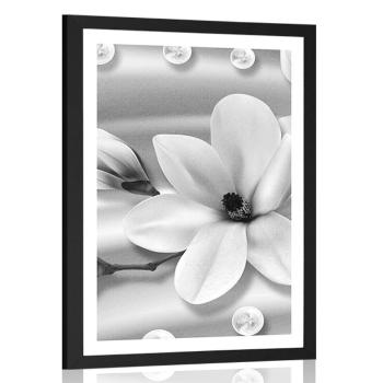 Plakat z passe-partout luksusowa magnolia z perłami w czarno-białym kolorze - 20x30 silver