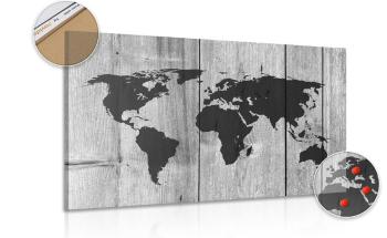 Obraz na korku czarno-biała mapa na drewnianym tle - 90x60  transparent