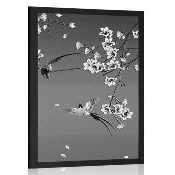 Plakat czarno-białe ptaki na gałęzi drzewa