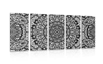 5-częściowy obraz kwiatowa Mandala w wersji czarno-białej - 100x50
