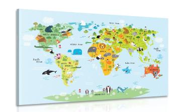 Obraz dziecięca mapa świata ze zwierzętami - 120x80