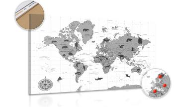 Obraz na korku mapa ze zwierzętami w wersji czarno-białej - 120x80  flags
