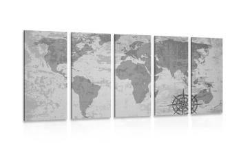 5-częściowy obraz stara mapa świata z kompasem w wersji czarno-białej
