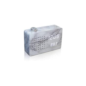 Szary budzik z białym wyświetlaczem LED i radiem Gingko Radio Click Clock Marble