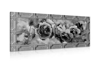 Obraz róże w historycznej ramie w wersji czarno-białej