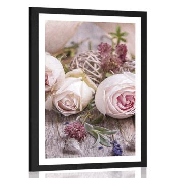 Plakat z passe-partout świąteczna kompozycja kwiatowa róż - 60x90 white
