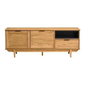 Brązowa szafka pod TV z drewna sosnowego z drzwiczkami z rattanu Marckeric Dakar, szer. 140,4 cm
