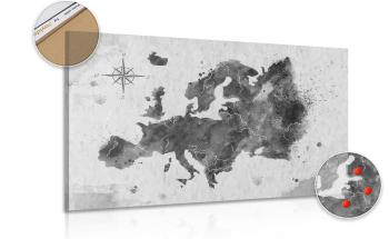 Obraz retro mapa Europy w wersji czarno-białej na korku