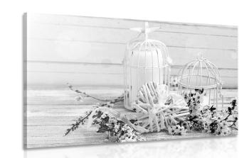 Obraz gałązka wiśni i latarnie w wersji czarno-białej