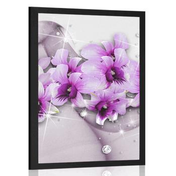Plakat fioletowe kwiaty na abstrakcyjnym tle - 30x45 silver