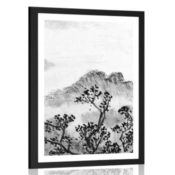 Plakat z passe-partout tradycyjne chińskie malarstwo pejzażowe w czerni i bieli - 20x30 white