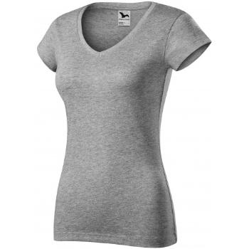 T-shirt damski slim fit z dekoltem w szpic, ciemnoszary marmur, S